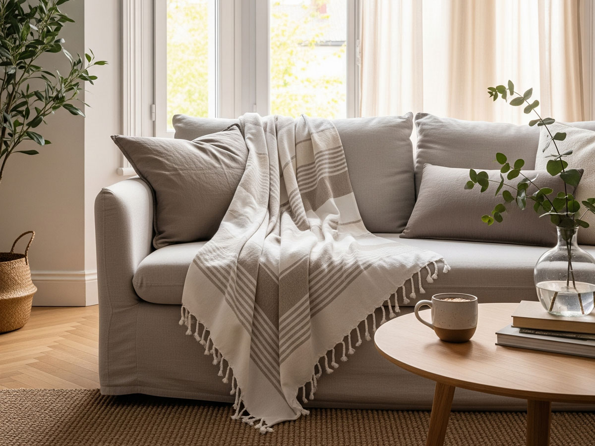 serviette fouta en coton utilisée en jetée de canapé illustrant les bénéfices des matériaux de la serviette fouta