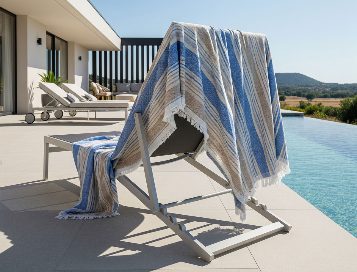fouta colorée au bord d’une piscine en Provence montrant les bénéfices des matériaux de la serviette fouta