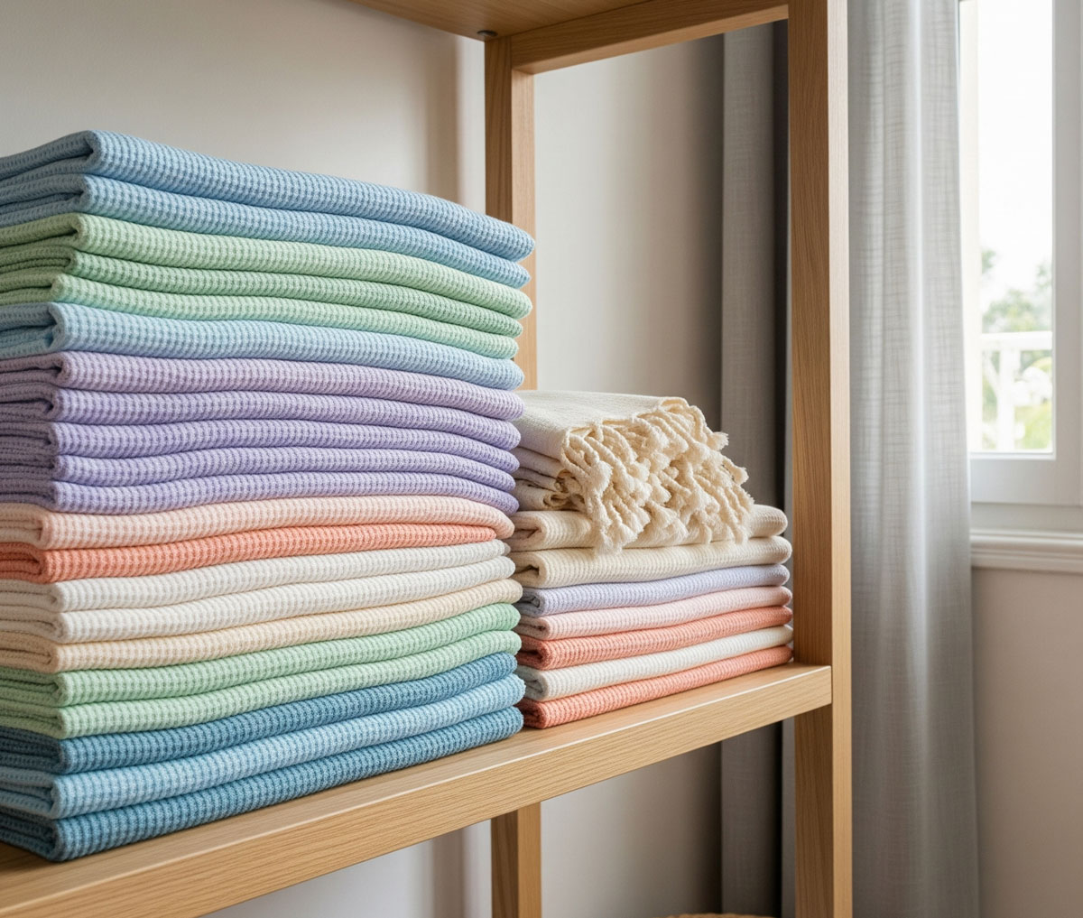 Étagère en bois avec conseils de rangement pour les serviettes fouta bien pliées et colorées