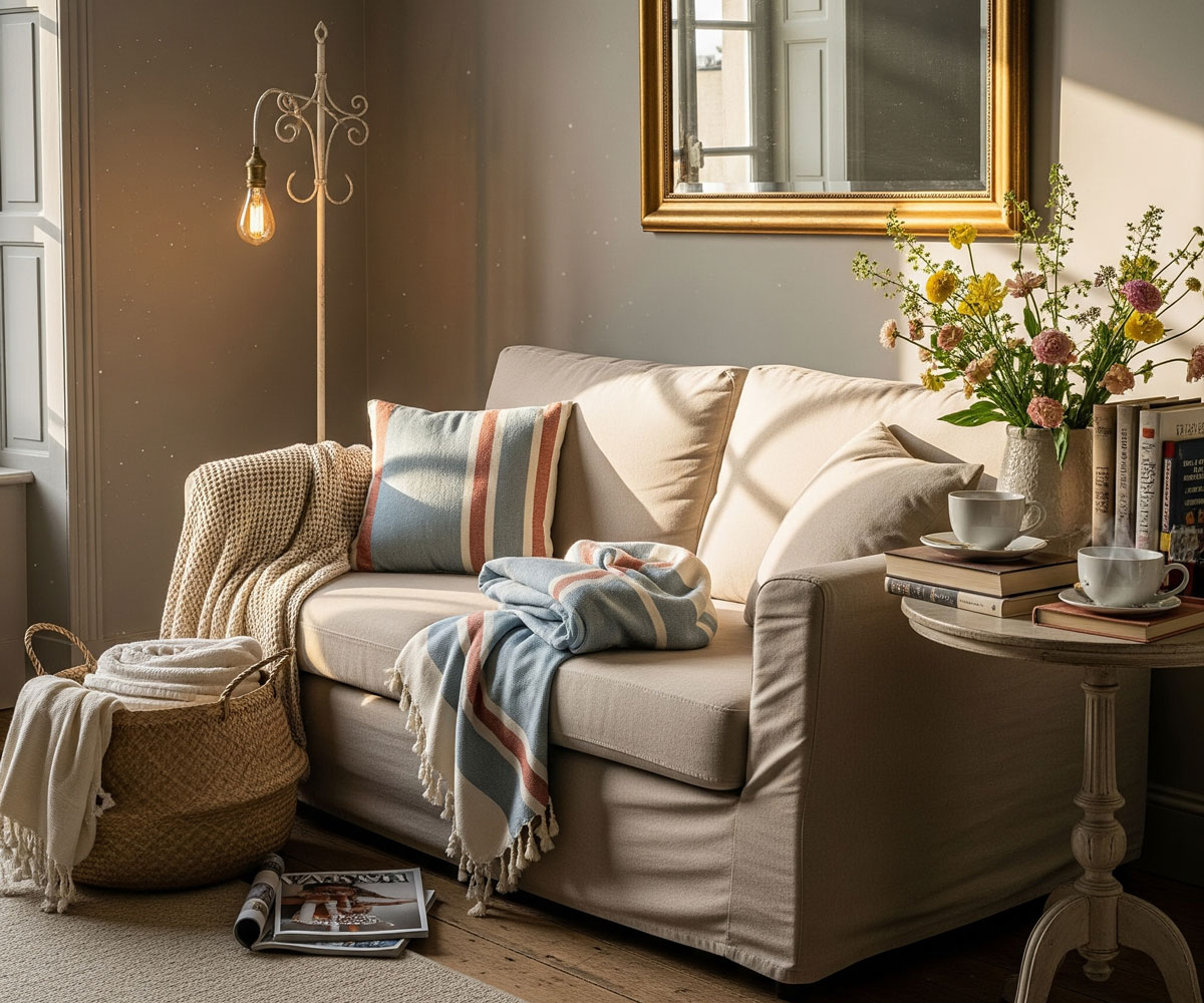 Salon cosy en France illustrant des conseils de rangement pour les serviettes fouta en décoration