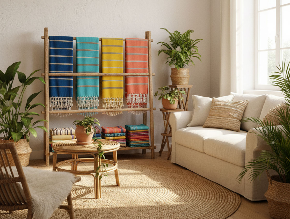 Salon cosy avec plantes et couvertures colorées.